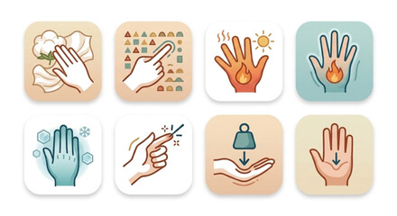 Fototapeta premium Human sense of touch and tactile perception icons, hand feeling different textures and temperatures vector set