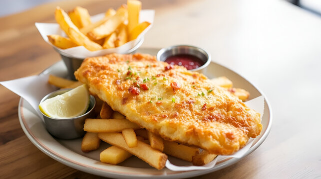 Crispy haddock fish and chips served with rustic potato wedges and lemon slice