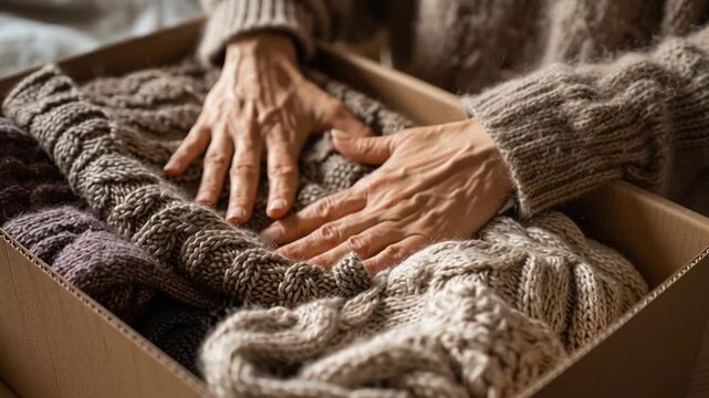 Woman Folding Loved One Clothing into Memory Box Close Up