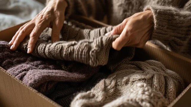 Woman Folding Loved One Clothing into Memory Box Close Up