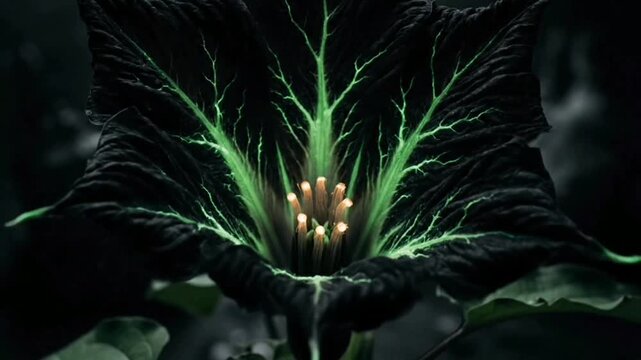 Cyberpunk Datura Bloom: Glowing Radioactive Green Veins on Velvety Black Petals in Polluted Environment