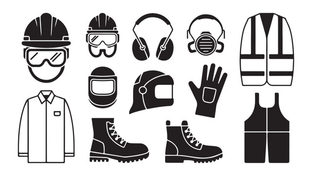 Personal protective equipment silhouette icons for work safety including high visibility vest and gear
