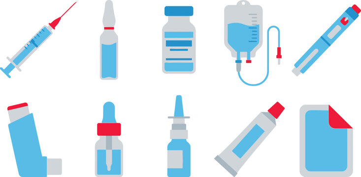 Pharmaceutical drug delivery icons with vaccine vial insulin pen IV saline bag nasal spray in sky blue light gray red for medical treatment design