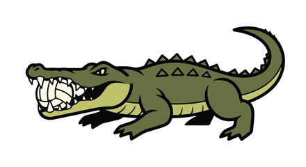 Obraz premium Cartoon illustration of an aggressive green crocodile with an open mouth and sharp teeth on a white background.