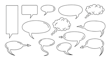 A collection of various black and white line-drawn speech bubbles on a plain white background.