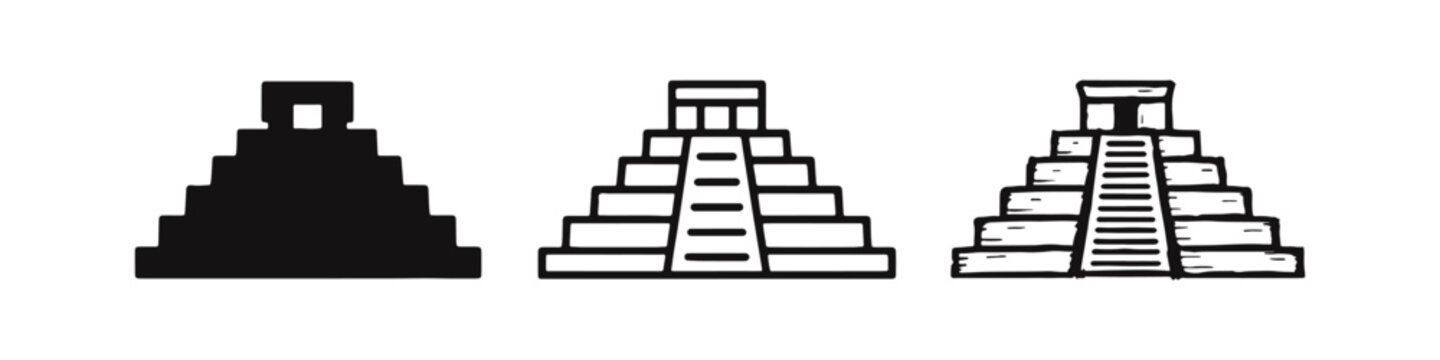 Ancient pyramid or temple icon set. Historical landmark symbols in solid, outline, and hand-drawn sketch styles. Vector illustration.
