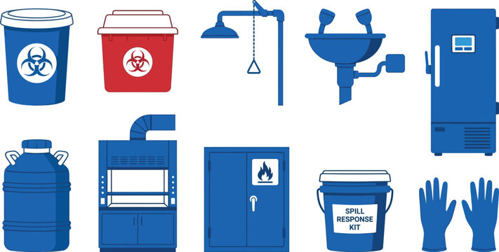 Medical laboratory safety storage icons with biohazard bin sharps container cryogenic freezer fume hood in safety blue white for lab safety design