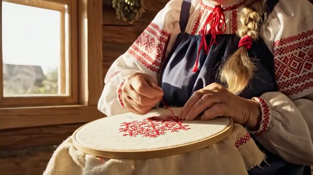 Ancient Craft Preserved. Traditional Fiber Arts Performed By Aged Artisan In Rustic Setting. An Elderly Woman Meticulously Creates Folk Patterns In Sundrenched Traditional Cottage