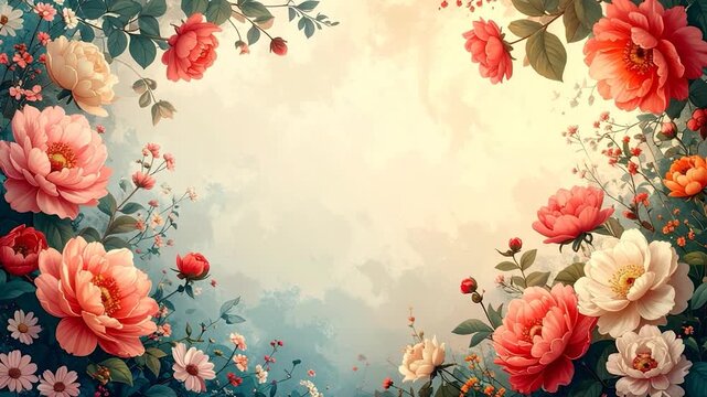 A floral border with pink and cream peonies, roses, and other flowers framing a cloudy sky backdrop