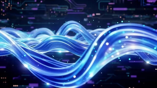 Fiber optic communication lines transmitting data through a dark virtual landscape for high tech business presentations.