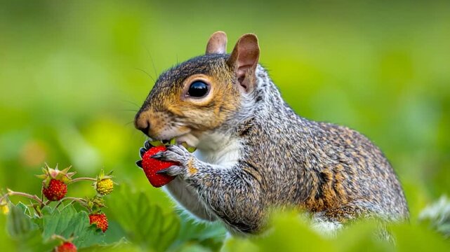 A gray squirrel, mouth open, eats a red berry amidst green foliage with a shallow depth of field