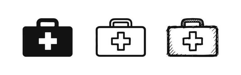 Obraz premium First Aid Kit Icons Set - Medical Emergency Bag Symbols in Solid, Outline, and Hand-Drawn Styles