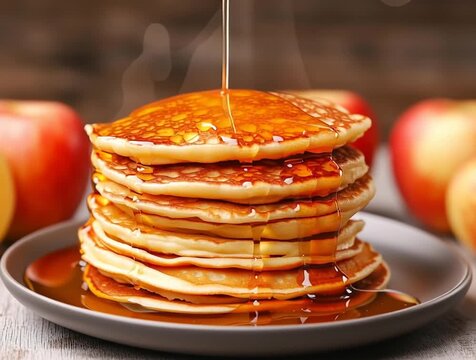 Pouring maple syrup on stack of pancakes with apples in background