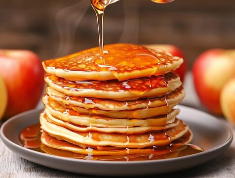 Pouring maple syrup on stack of pancakes with apples in background
