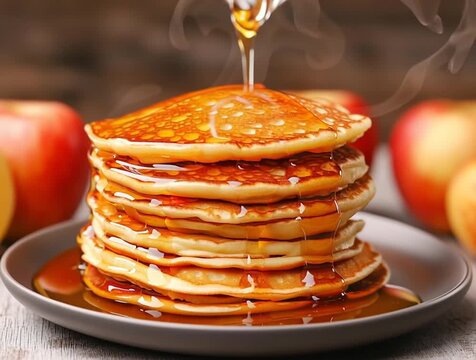 Pouring maple syrup on stack of pancakes with apples in background