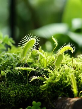 Venus flytrap growing on moss in a tropical forest environment