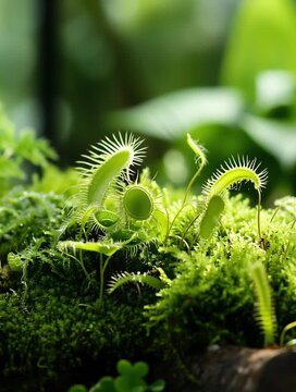 Venus flytrap growing on moss in a tropical forest environment