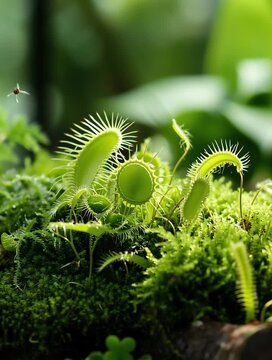 Venus flytrap growing on moss in a tropical forest environment