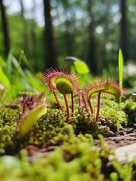 Carnivorous venus flytrap plants growing in moss in forest