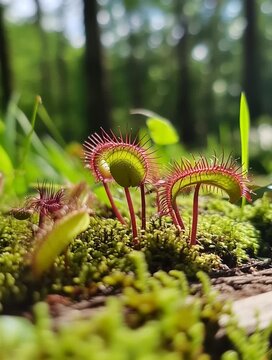 Carnivorous venus flytrap plants growing in moss in forest