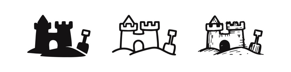Sandcastle with Spade Icons Set - Beach Play and Summer Activity Symbols for Kids © drawing lines