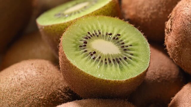 Macro shot of fresh kiwi halves slowly rotating, showing juicy green pulp and seeds. Natural tropical superfood with rich texture and shallow depth of field. Summer and tropical.