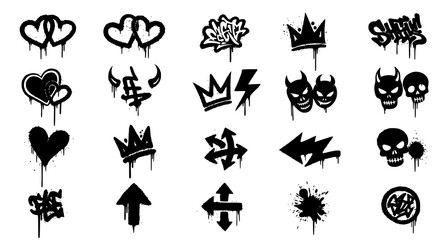 Black spray graffiti icon pack vector with skull devil heart crown lightning and arrow street art elements © RUBINA