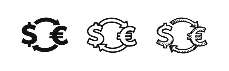 Obraz premium Currency Exchange Dollar Euro Icons. Foreign Exchange Rate and Money Conversion Symbols in Solid, Outline, and Hand-drawn Styles.