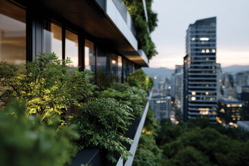 A stunning modern balcony features lush greenery and beautiful city views, perfect for showcasing contemporary architectural design and urban lifestyle.