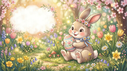 Kartka Wielkanocna przedstawiająca zajączka wielkanocnego trzymającego pisankę.