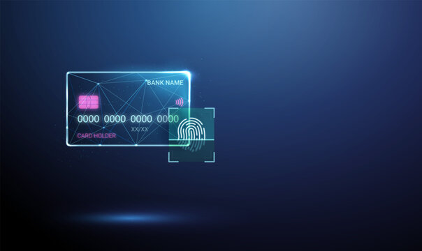 3d bank card with fingerprint inside digital scanning frame. Biometric payment authentication, identity confirmation, fraud prevention, contactless banking security concept.