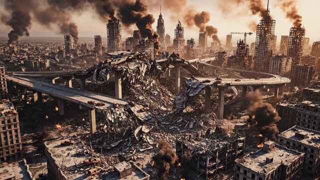 A devastated cityscape with collapsed structures, smoke rising, and a sense of chaos