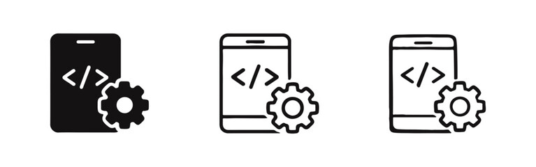 Mobile app development icon set. Smartphone with code and gear for settings or programming.