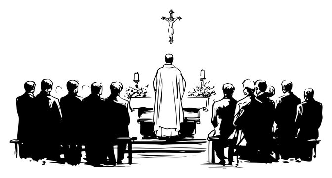 Catholic church mass congregation with priest at altar and crucifix, religious worship service illustration