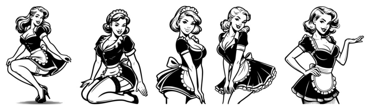 Vintage pinup girls and housemaid vector set, retro woman waitress in apron various poses illustration