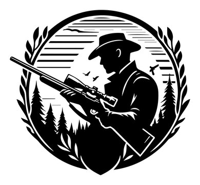 Hunter with sniper rifle in forest emblem, outdoors hunting season badge or logo vector illustration