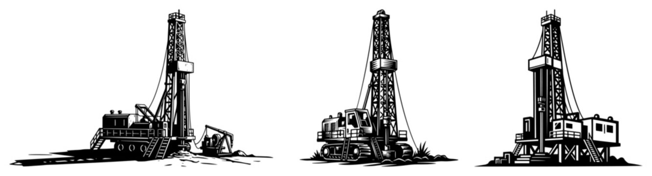 Oil rig drilling platforms vector set, industrial petroleum extraction machinery and gas derrick illustrations