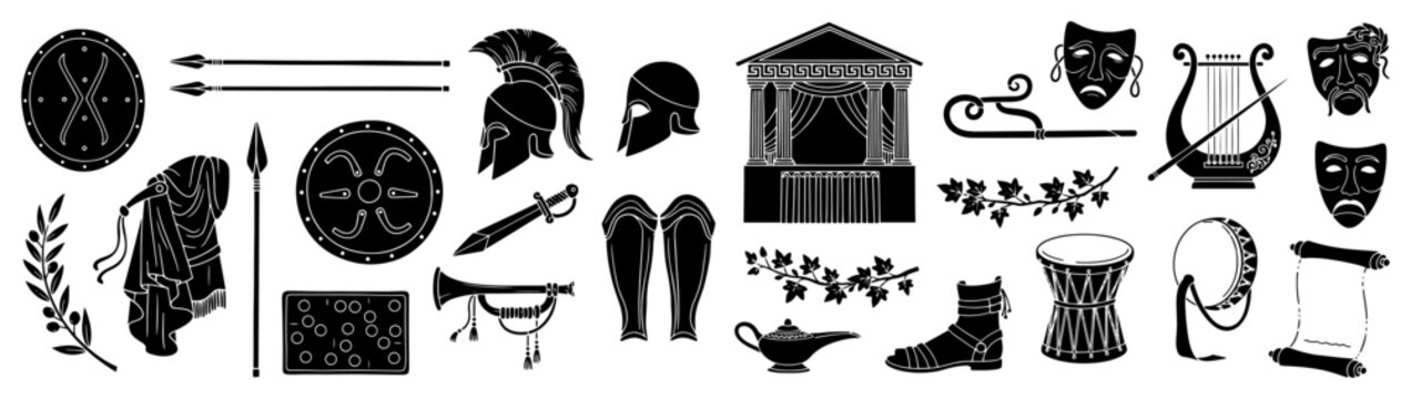 Ancient Greek and Roman history icons set vector, antique mythology elements with gladiator helmet and shield
