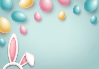 Fototapeta premium Colorful easter eggs and bunny ears on blue background with copy space
