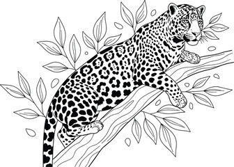 Black and white of a leopard resting on a tree branch surrounded by leaves spots