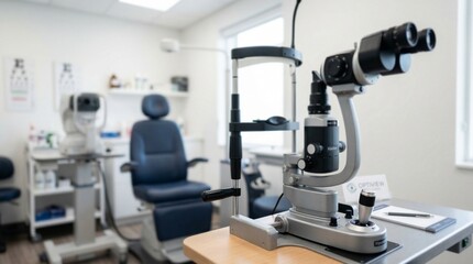 Obraz premium Modern slit lamp in eye clinic examination room for glaucoma assessment 