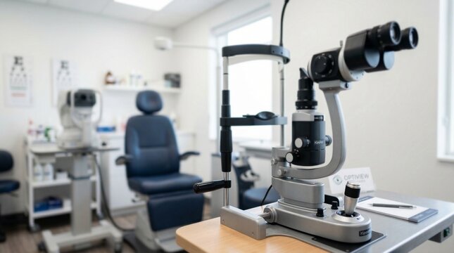 Modern slit lamp in eye clinic examination room for glaucoma assessment  