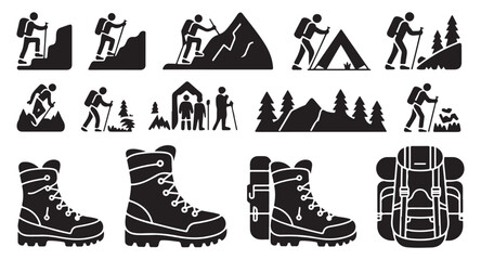 Outdoor hiking and mountaineering icons collection with tourists camping tent and professional gear © Md