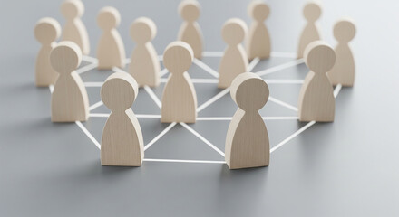 Obraz premium Wooden figures connected by white lines on light surface perfect for corporate network hierarchy and team communication