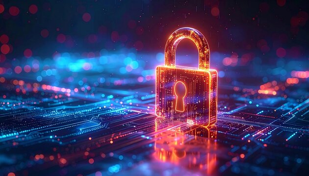 Glowing digital padlock on a circuit board, symbolizing cybersecurity, data protection, and network security in a futuristic, tech-oriented concept