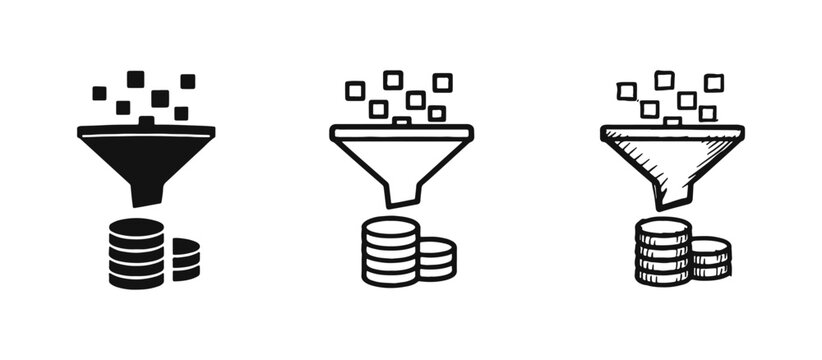 Conversion Funnel and Lead Generation Icon Set with Money Output, Sales and Marketing Strategy Concept.