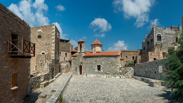 Greece Vatheia village. Old abandoned tower houses in Vathia Mani Peninsula Laconia Peloponnese, Europe