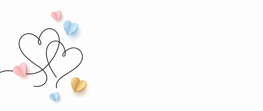 Minimalist line art hearts with pastel paper hearts on white