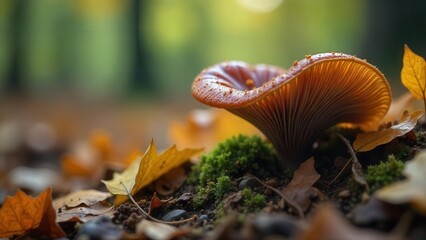 Autumnal Forest Fungi A Close-Up View of a Delicate Mushroom Among Fallen Leaves and Moss