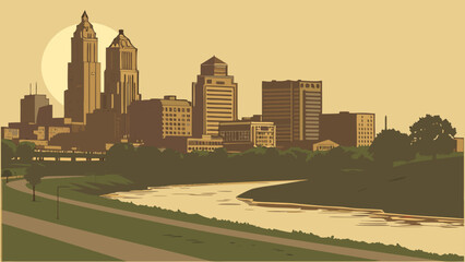 Obraz premium Stylized Urban Skyline Silhouette Over River Landscape at Sunset with Distinct Architecture and Natural Elements kansas city skyline